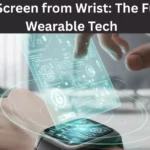 A person controlling a futuristic screen interface directly from a smartwatch on their wrist, demonstrating seamless control screen from wrist technology.