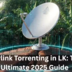 A Starlink satellite dish installed on a roof in Sri Lanka with a question mark graphic overlaid, representing the topic of downloading torrents.
