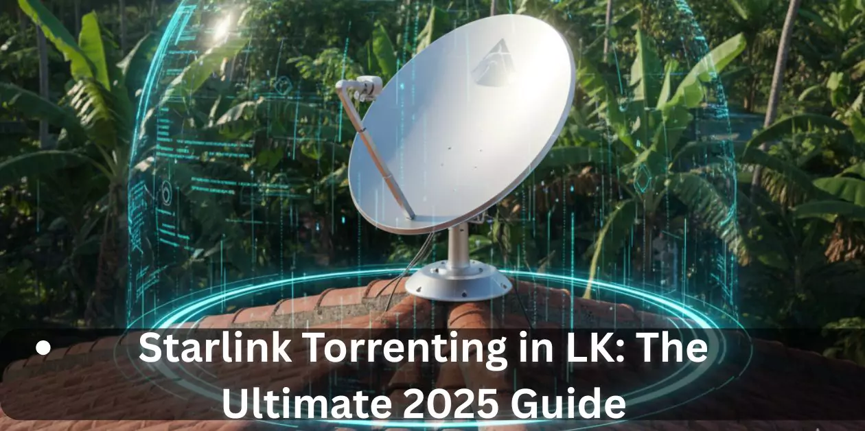 A Starlink satellite dish installed on a roof in Sri Lanka with a question mark graphic overlaid, representing the topic of downloading torrents.