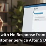 A person looking frustrated at a computer screen with a Starlink logo, emphasizing "no response from Starlink customer service after 5 days."
