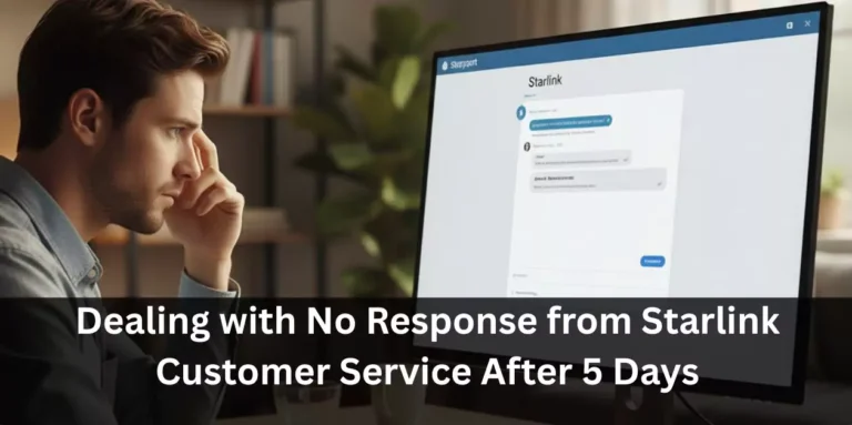 A person looking frustrated at a computer screen with a Starlink logo, emphasizing "no response from Starlink customer service after 5 days."